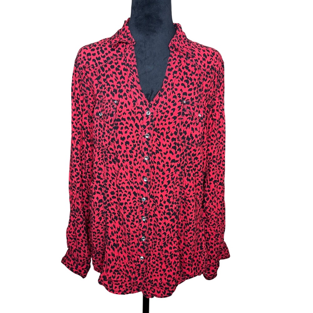 Rock 47 by Wrangler XL Western Shirt Leopard Print Red Blouse Button Up